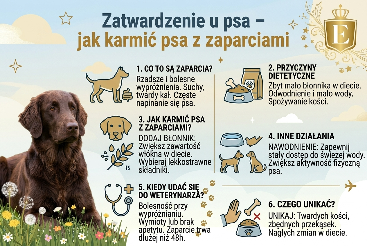 Infografika przedstawiająca przyczyny zatwardzenia u psa, objawy zaparć oraz sposoby wspierania układu pokarmowego poprzez dietę bogatą w błonnik, odpowiednie nawodnienie i regularną aktywność fizyczną psa.